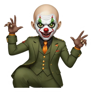 evil clown, bald, short horns from forehead, fangs, pointed ears, black and military green leisure suit, battle-ready fighting posture sticker