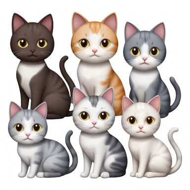 4 different coloured short haired cats including; a dark brown and white cat, and a dark grey and white  sticker
