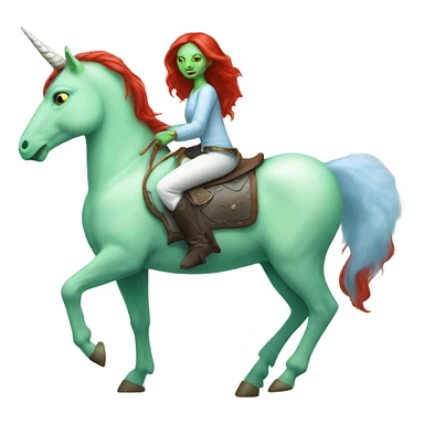 [politically incorrect
	{ woman: alien, color: light green, hair:red, eyes:cat} ]
	on a 
	[{ unicorn: white, legged:four, mane: light blue }] sticker