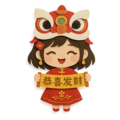 cute chibi girl in red embroidered skirt, gold hair accessories, red envelope hair clip, cartoon lion dance helmet, holding gold '恭喜发财' banner with both hands, smiling, full body, main colors red and gold, strong Chinese New Year vibe, paper-craft style sticker
