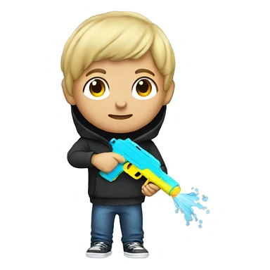 Dirty blonde haired boy wearing a hoodie with a water gun sticker