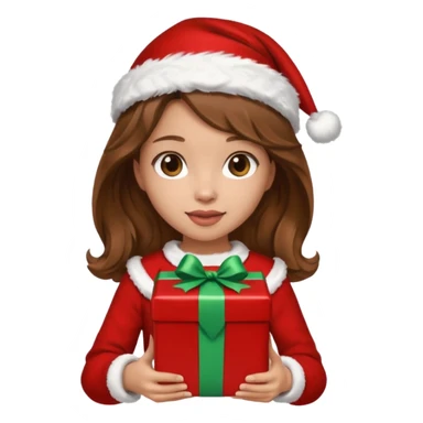 a girl with wavy brown hair wearing a christmas clothes and holding a gift sticker