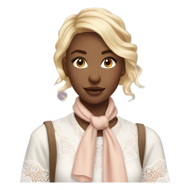 pretty blonde woman with vanilla girl vibes, wearing a white lace shirt with a soft pastel borwn neck scarf and her hair is decorated with soft pastel sweet vibes ribbon sticker