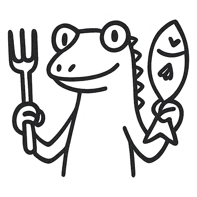 lizard holding a fork and a fish sticker