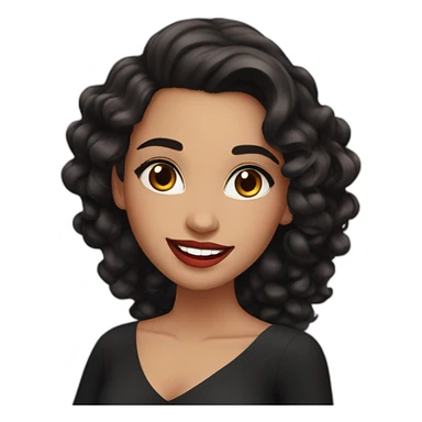 young moroccan woman with dark brown eyes, dark long curling hair, red lips, big smile, black dress sticker