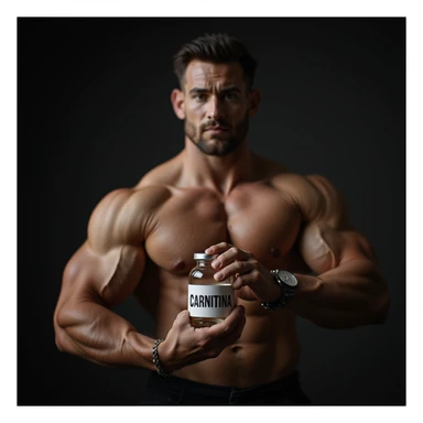 hyperrealistic bodybuilder holding a vial with a clearly visible label reading 'CARNITINA' in large block letters, muscular details, dramatic lighting, 4k quality sticker