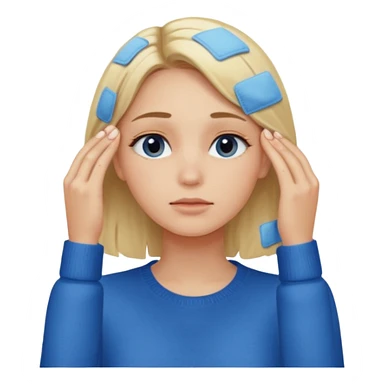 Girl massaging her head with blonde hair with anti-dark circles patches dressed in a blue sweater sticker