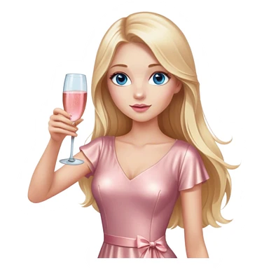 Pretty Blonde with long hair model, blue eyes, wearing a rose gold dress with short sleeves, raising a glass of pink champagne sticker