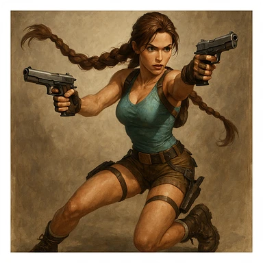 Lara Croft, iconic adventurer, in action pose, with twin pistols and a braid, inspired by Tomb Raider, detailed, dynamic, no text sticker
