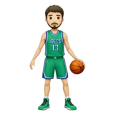 Full Body white male basketball player with short dark shaggy hair and goatee wearing blue and green uniform sticker