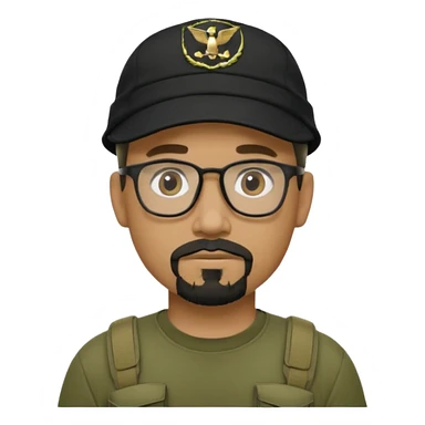 hombre trigueño , barba candado negra y blanca, anteojos, gorra negra , remera tactica verde oliva sticker