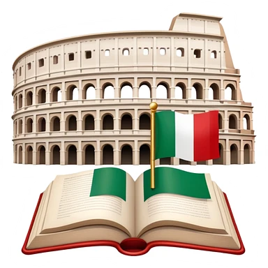 An icon featuring the Colosseum and the flag of Italy, symbolizing the Italian language. The design includes an open book with Italian phrases and a gondola, representing language learning and cultural exploration. Transparent background sticker
