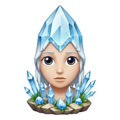 A single crystal rock character inspired by a clear quartz cluster, amorph base with many tall transparent crystal spikes growing upward all around it with a face sticker