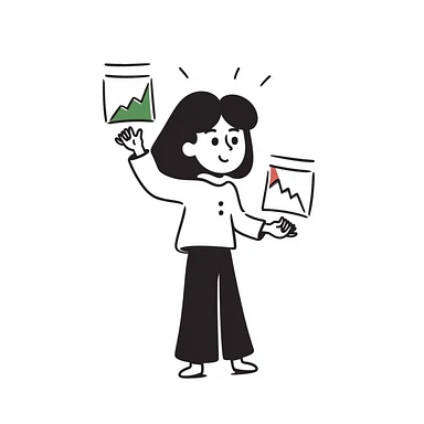 Girl holding chart with rising green graph line in right hand and holding another chart with falling red graph line in left hand sticker