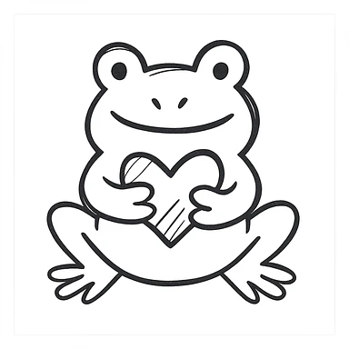 hand drawn frog holding a green heart, black outline style sticker