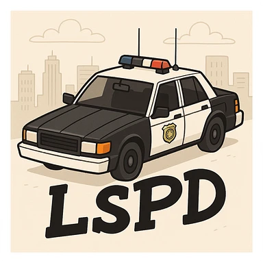 Make the police car black and white, add a city background, and add the caption 'LSPD' in a cartoon style. sticker