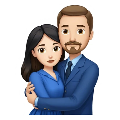 tall white man with brown hair goatee mustache hugging a pale woman with long black hair, wearing blue formal clothing sticker