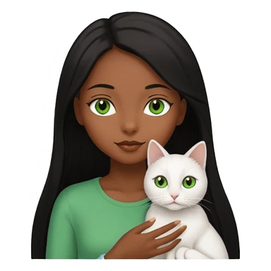 black girl with brown eyes with straight long black hair with a side part.  holding a female white cat. the cat has green eyes sticker