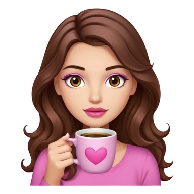 girl with long wavy brown hair, brown eyes, long lashes makeup,sexy pink lips, light to medium complexion, pink sexy top, with a coffee mug sticker
