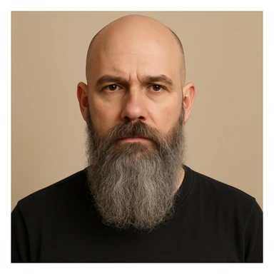 a bald man with a long grey beard, neutral expression, simple background sticker