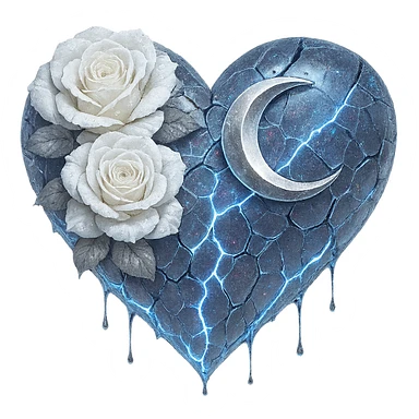 Edit the gothic heart to feature splintered deep white glass, silver crescent moon, white roses, holographic stardust, neon lightning, and a wet look. Keep the background transparent. Maintain the gothic heart style and transparent background. sticker