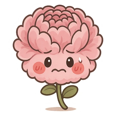 chibi style fluffy pink peony flower, round body, red cheeks, nervous expression, full-body sticker