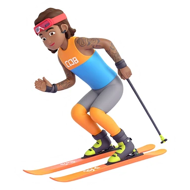 Nike-inspired ski athlete with brown skin, tattoos on arms, winter sports outfit, in a modern 3D emoji style sticker