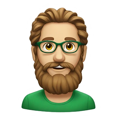 An emoji of a face of white man with long wavy brown hair tied into a bun, wearing green prescription glasses. He also has a long beard sticker