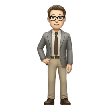 Full height Gesticulating Pale skinned fit man with dark brown hair in gray jacket, beige office shirt, brown tie, brown pants and vintage glasses. sticker