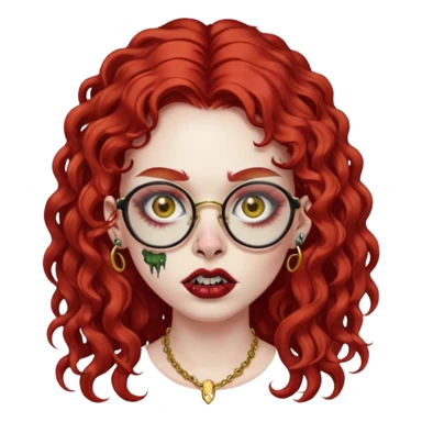 zombie girl with long red curly hair, thick lashes, black glasses, gold nose piercings on each nostril, and a gold eyebrow piercing. sticker