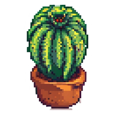 a green cactus in a pot in pixel art style sticker
