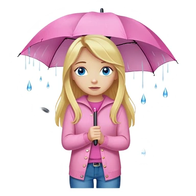 Cinematic realistic emojis in the form of a blonde girl with long hair and blue eyes, dressed in a pink sweater and jeans, holding an umbrella above her, on which rain is dripping sticker