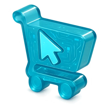 Flat icon of a shopping cart with a digital cursor, cyan blue sticker