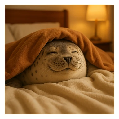 a cozy seal snuggled in bed with soft blankets, warm and peaceful atmosphere sticker