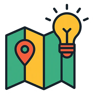 icon for local knowledge, featuring a map and lightbulb, modern style, colorful sticker