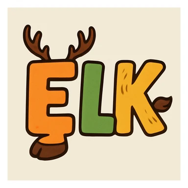 The word ELK in chunky, cartoon-style letters, each letter subtly incorporating elk features like antlers or hooves. sticker