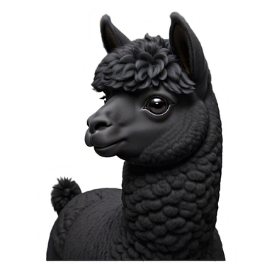 Cinematic Noble Black Alpaca Portrait Emoji, Poised and regal, with a striking, sturdy build and a sleek, well-groomed jet-black fleece, deep-set soulful dark eyes, Simplified yet sharp and sophisticated features, highly detailed, glowing with a soft, dignified glow, high shine, intelligent and mysterious, stylized with an air of elegant austerity, focused and attentive, soft glowing outline, capturing the essence of a watchful and confident companion, so majestic it feels as though it could stride out of the screen with effortless authority! sticker