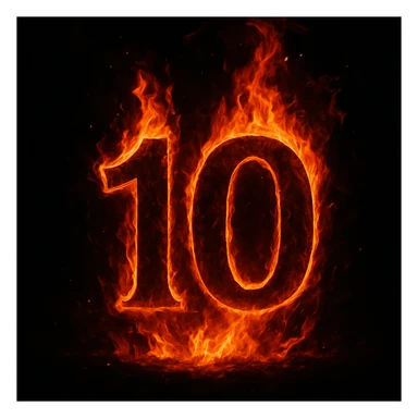 the number ten, stylized, engulfed in flames, dramatic fire effect sticker