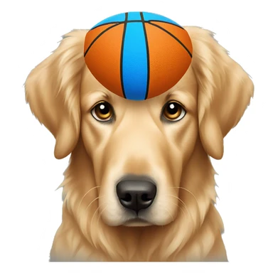 Golden Retriever with blue eyes and a basketball sticker