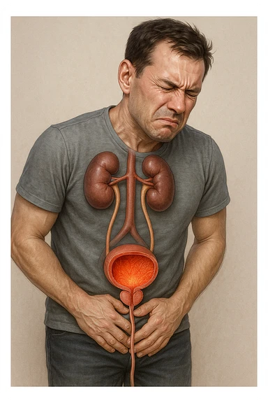 Vertical, hyper-realistic 3D cutaway illustration: uomo con difficoltà con cistite e problemi  sticker