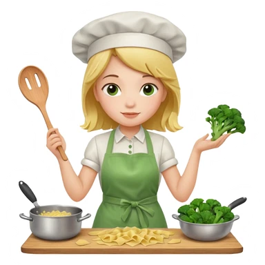 Girl cooking pasta for the first time with broccoli sticker