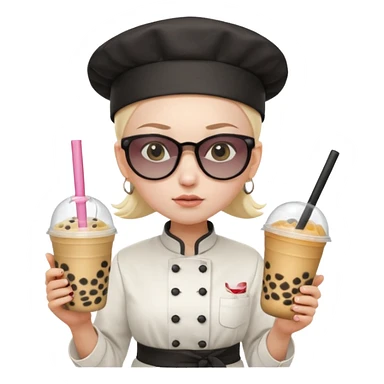 A Angry Teen Female with Pale skin and Bald, wearing a Uniform outfit, a Chef hat, Sunglasses, carrying a Wand, working as a scientist, while drinking Bubble tea and reading a Book.
 sticker