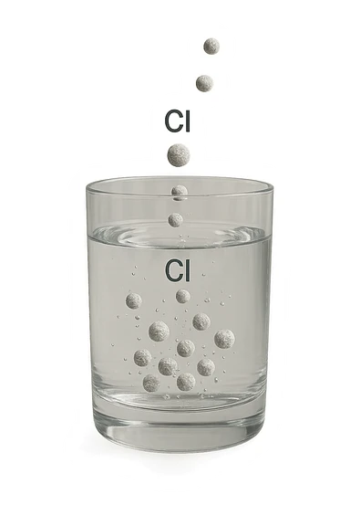un bicchiere di acqua fluttua in aria realistico e dettagliato, dentro l'acqua del bicchiere ci sono particelle di cloro ben visibili con la scritta "Cl" sopra, ci sono particelle anche che escono dal bicchiere e fluttuan
o in aria verticalmente, mentre alcune sono all'interno dell'acqua nel bicchiere, iperrealistico 4k sticker