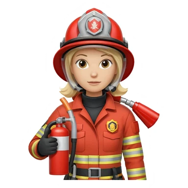 Firefighter with respiratory protection, blonde female, with fire extinguisher sticker