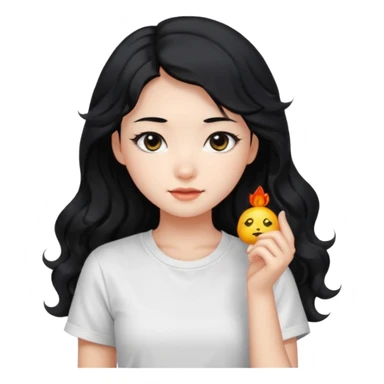 Cute beautiful girl,Black hair,wavy long hair, Black eyes, white T-shirt, Chinese  sticker