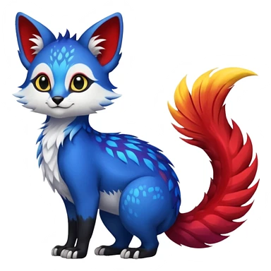 Feral Rare Fantasy vibrant tropical exotic cobalt-blue-crimson-red-black-white-yellow-gradients, Vernid-Trico-species-creature by LiLaiRa, random markings, tufted tail, tufted ears, full body sticker