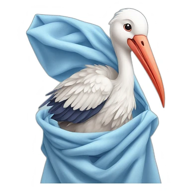White stork carrying a blue bundle of cloth in its beak that has a human person cute baby human and the human baby head is peeking from the fabric the strok is carrying in its beak sticker