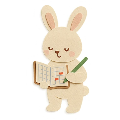 highly detailed, high quality paper craft style illustration of a cream-colored bunny standing and writing in a planner, intricate textures, soft lighting, delicate cut-paper details sticker