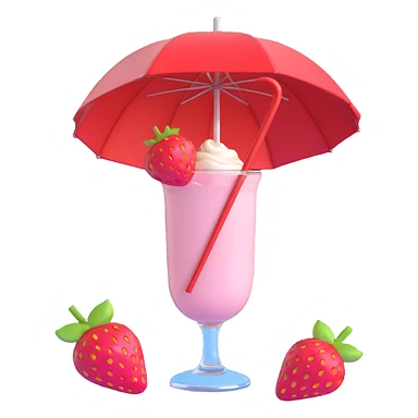 3D style strawberry milkshake with pink hue and cherry on top, glass with umbrella, tropical vibe sticker