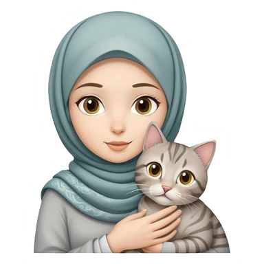 White hijab girl with printed hijab holding grey tabby cat sticker